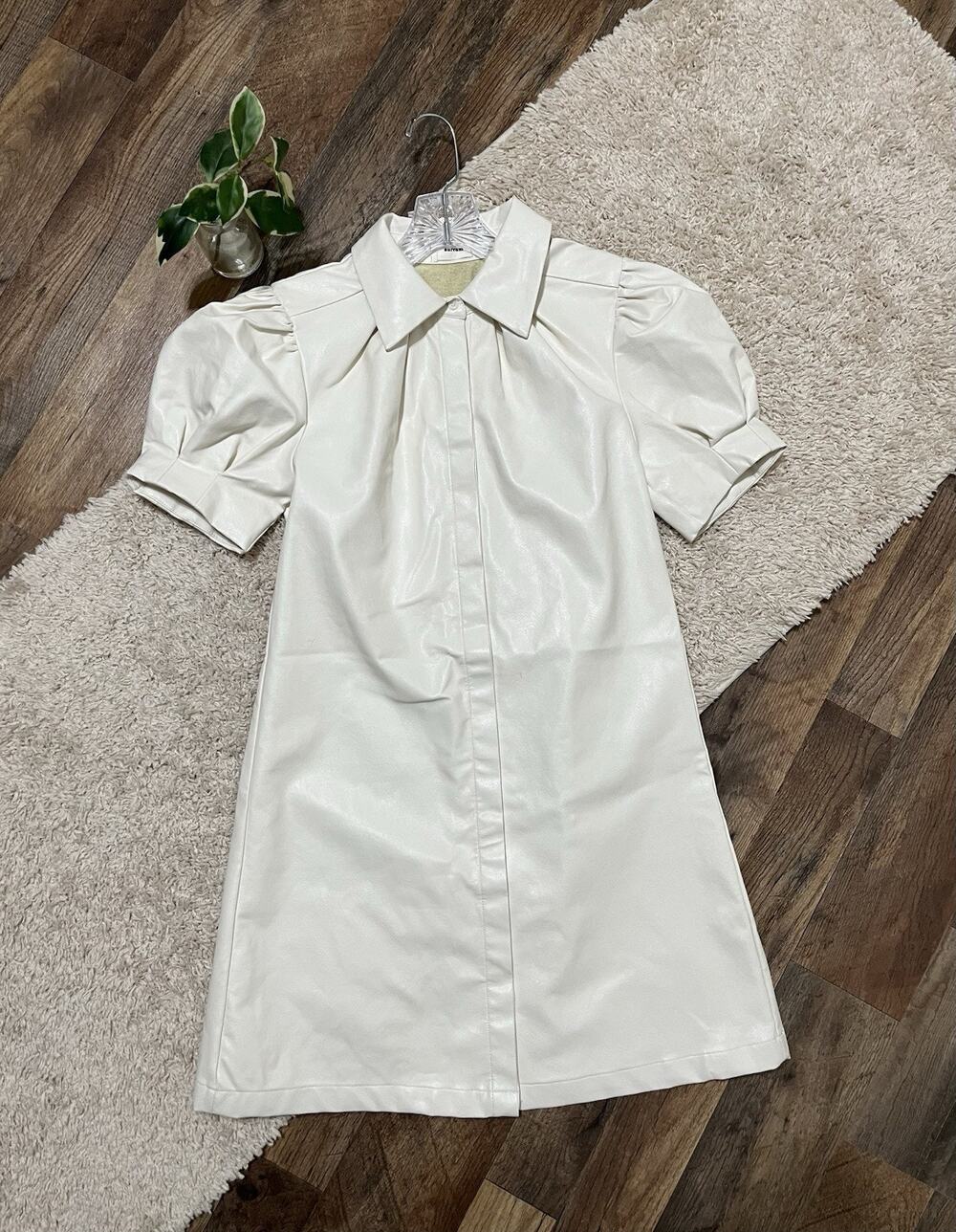 Aureum XS Cream Ivory Puff Sleeve Button Front Vegan Leather Tessa Mini Dress